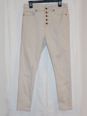LOFT Cream/Off-White High-Rise Button-Fly Skinny Jeans.